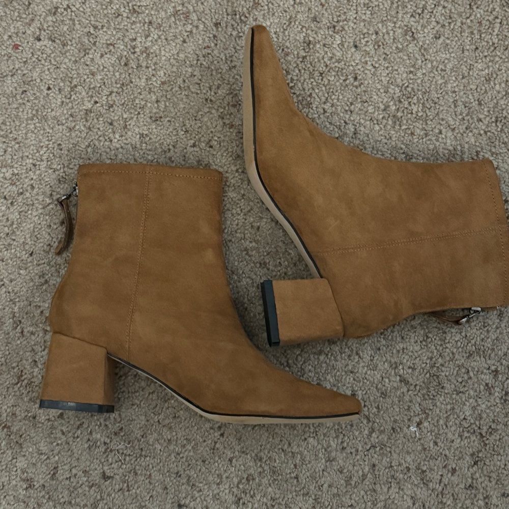 Lulus Square Toed Block Heel Camel Color Suede Ankle Boots - Picture 4 of 16